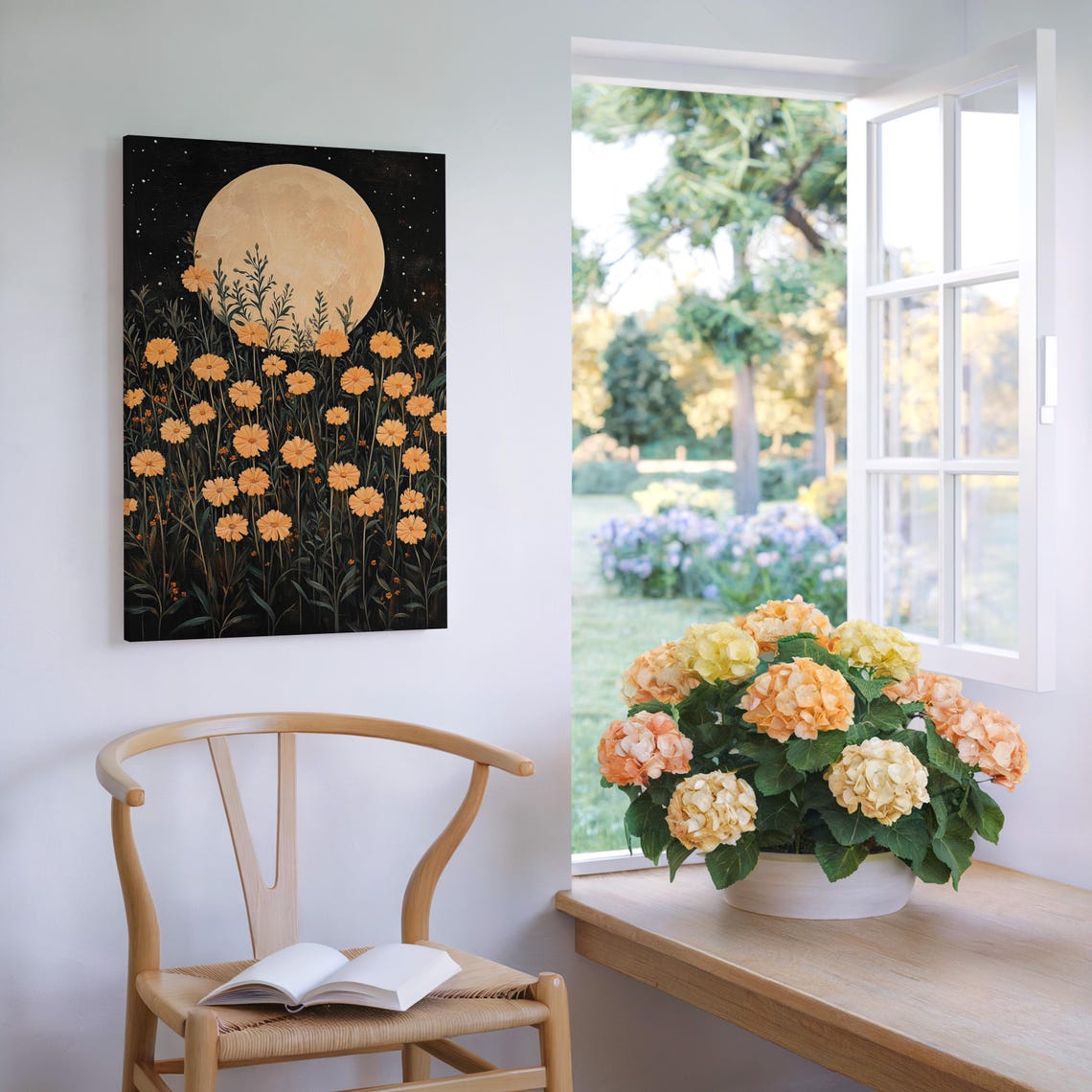 Golden Marigold Field Under Full Moon Night Sky Floral Art Poster - Image 6