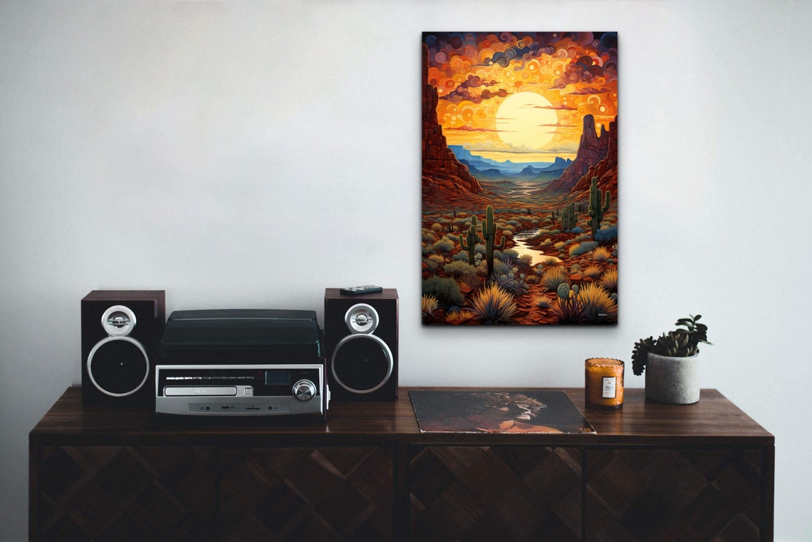 Desert Canyon Sunset With Saguaros Swirling Sky Landscape Poster
