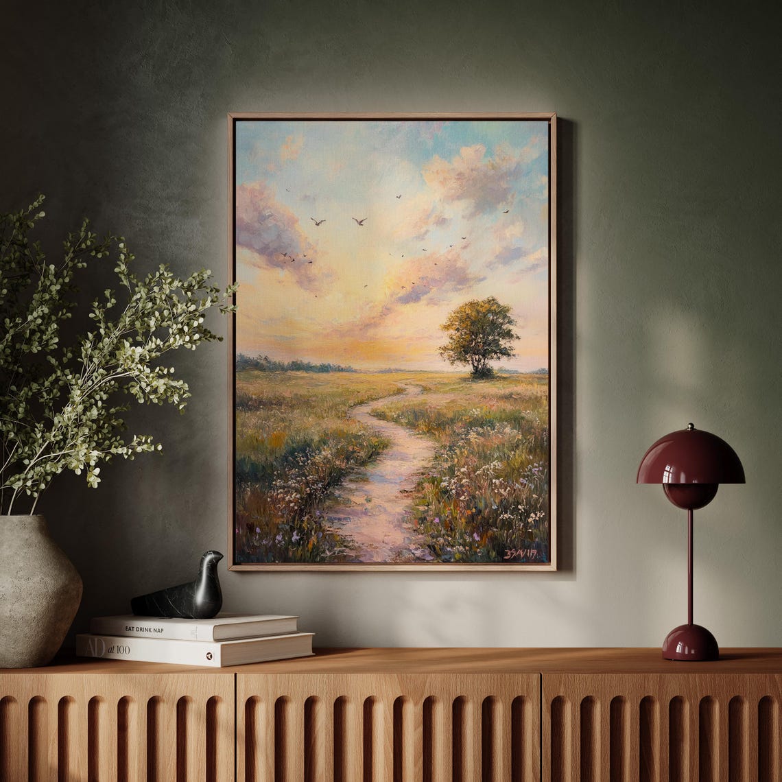 Serene Meadow Path At Sunset Vibrant Sky Birds Peaceful Art Poster