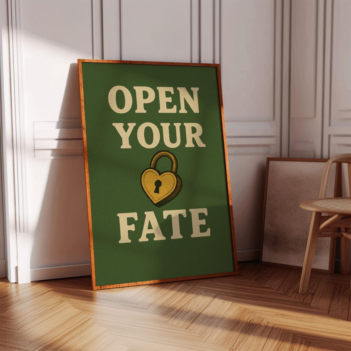 Open Your Fate Motivational Wall Art Bold Retro Typography Print With Heart Lock Design For Modern Or Rustic Spaces