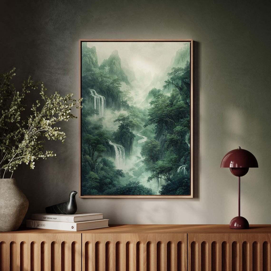 Green Valley Waterfalls Mist Chinese Ink Wash Lush Nature Poster - Image 5