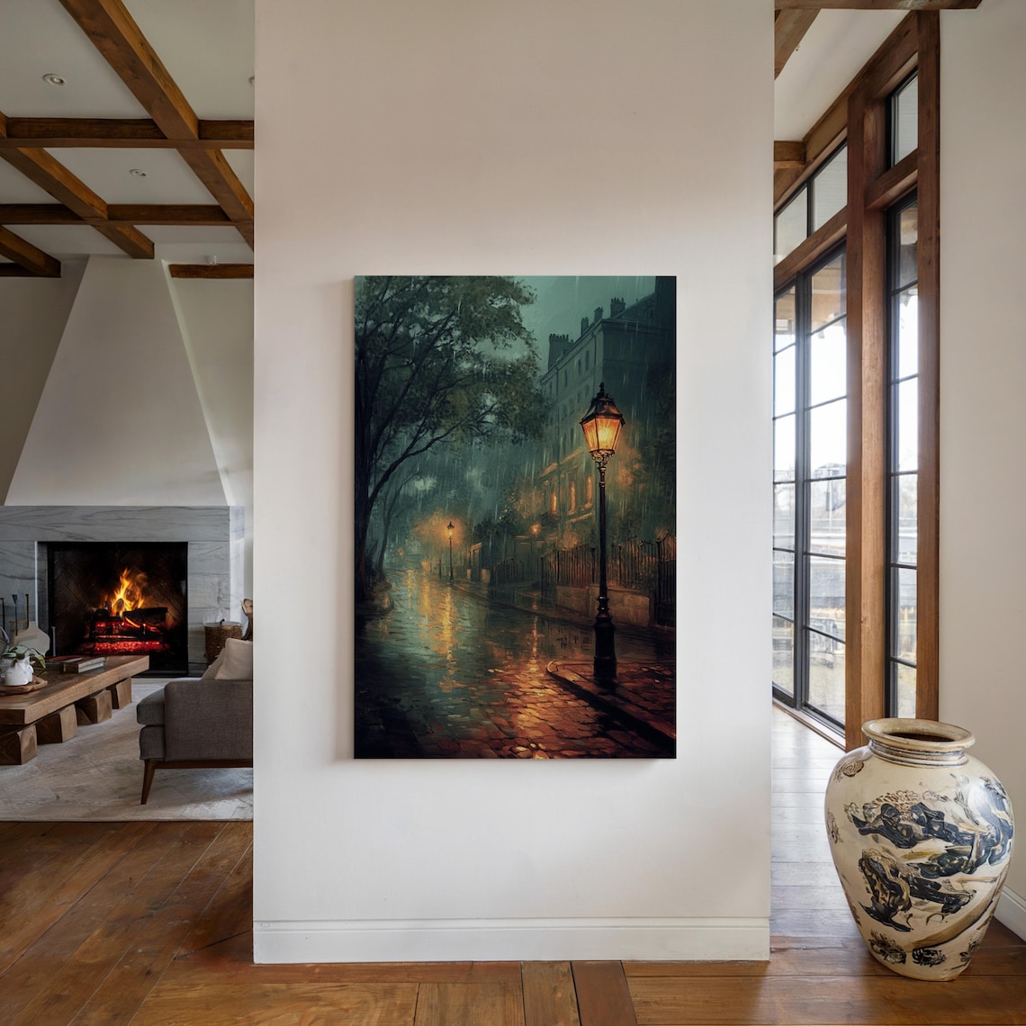 Rainy Night Street Scene Oil Painting Poster - Image 4