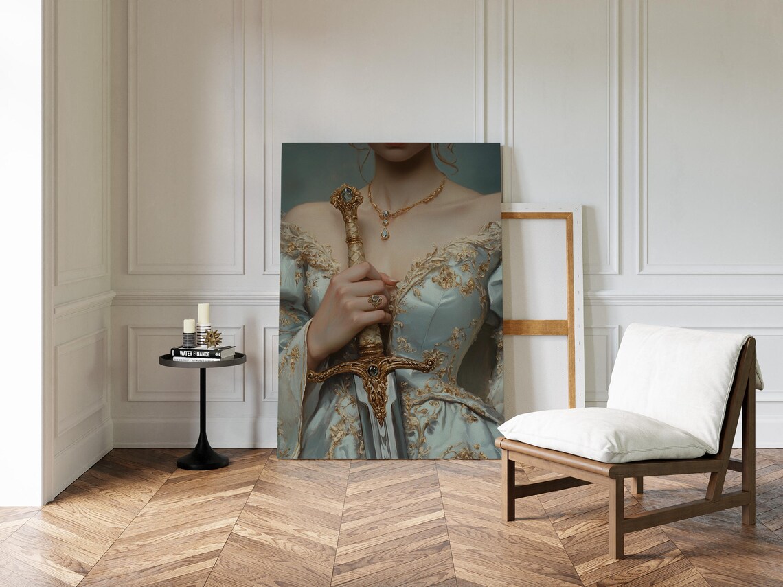 Elegant Woman in Blue Dress Holding Jeweled Sword Close Up Poster - Image 4