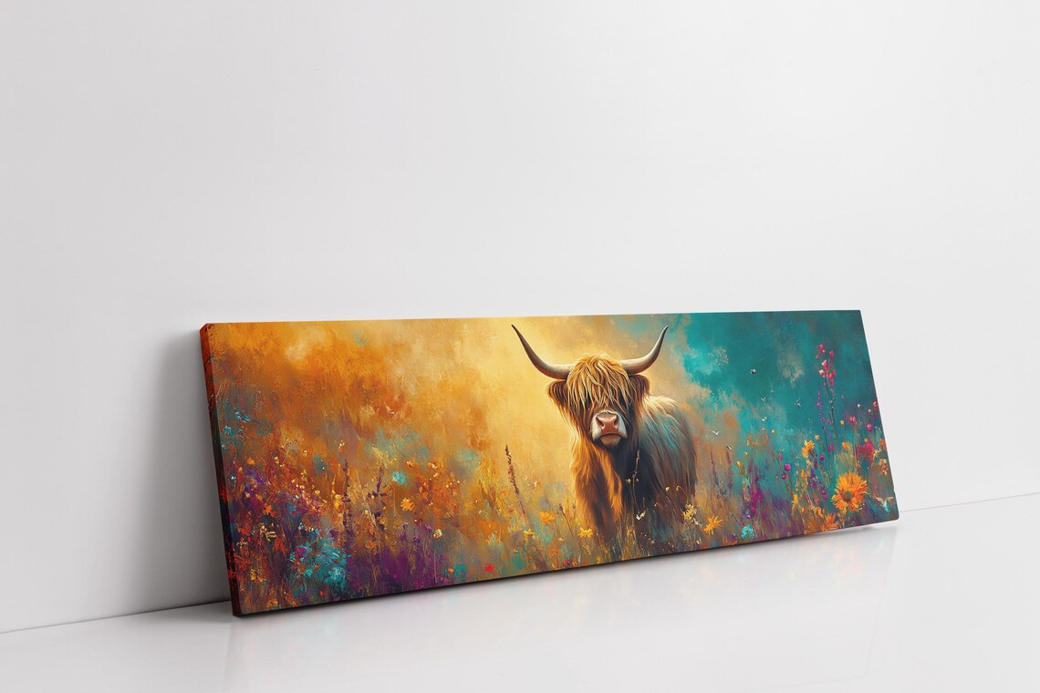 Highland Cow Colorful Wildflower Meadow Vibrant Nature Wall Art - Image 7