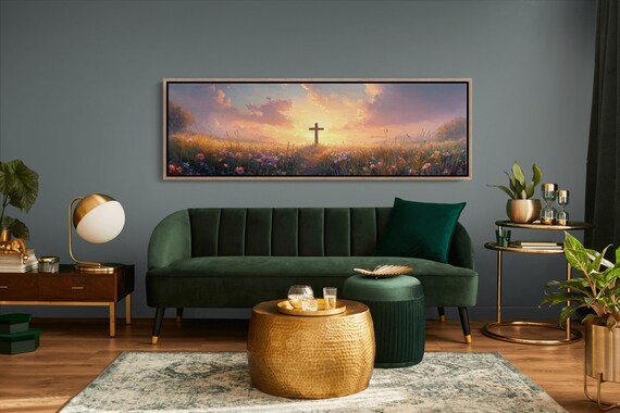 Rustic Wooden Cross Sunset Wildflower Field Christian Faith Print