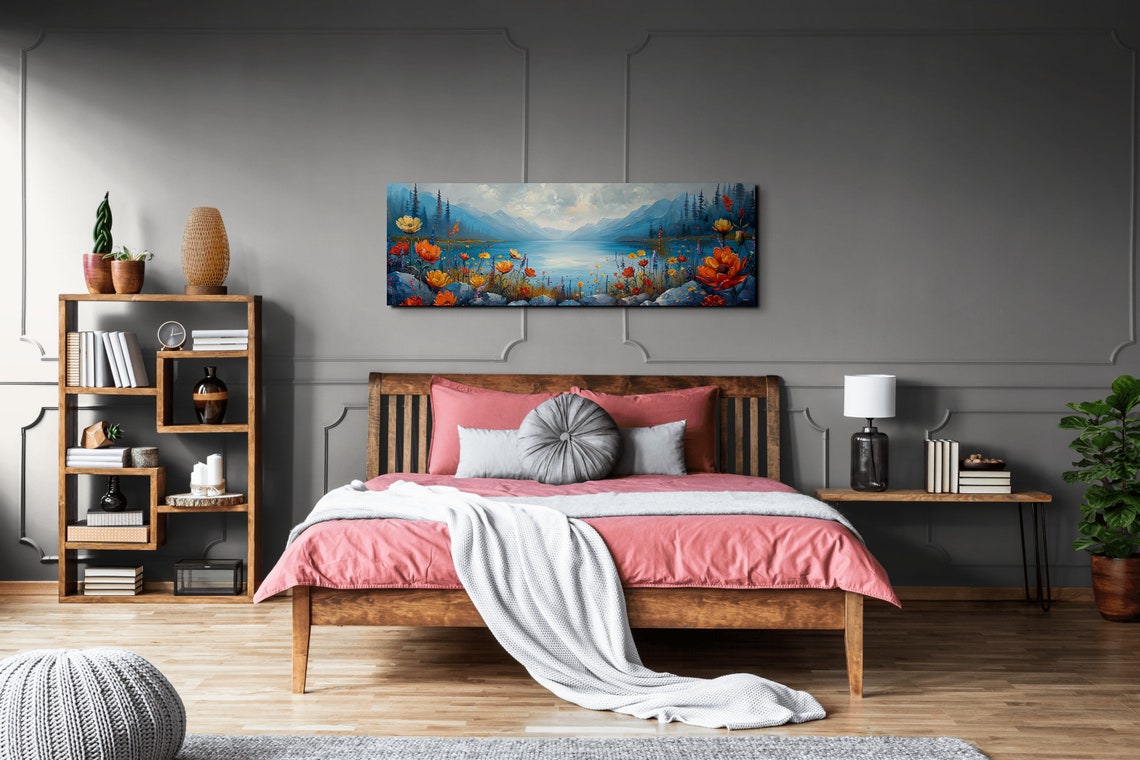 Bold Red Flowers by a Blue Mountain Lake in Acrylic Style Poster - Image 6