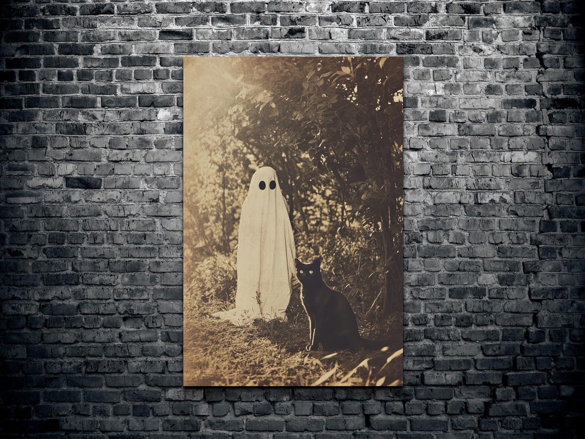 Vintage Sepia Ghost Beside a Black Cat in a Shadowy Autumn Wood Poster - Image 2
