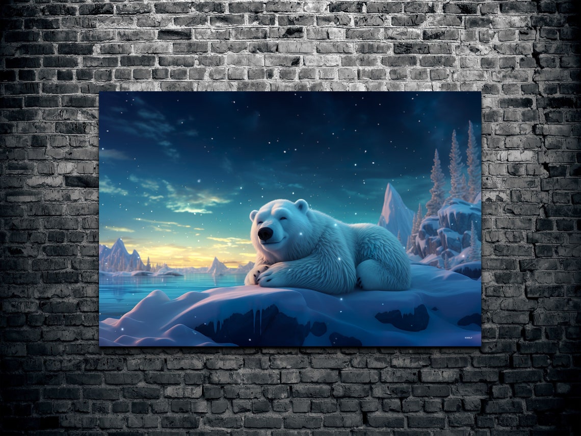 Polar Bear Starry Night Arctic Snow Winter Wildlife Wall Art - Image 2