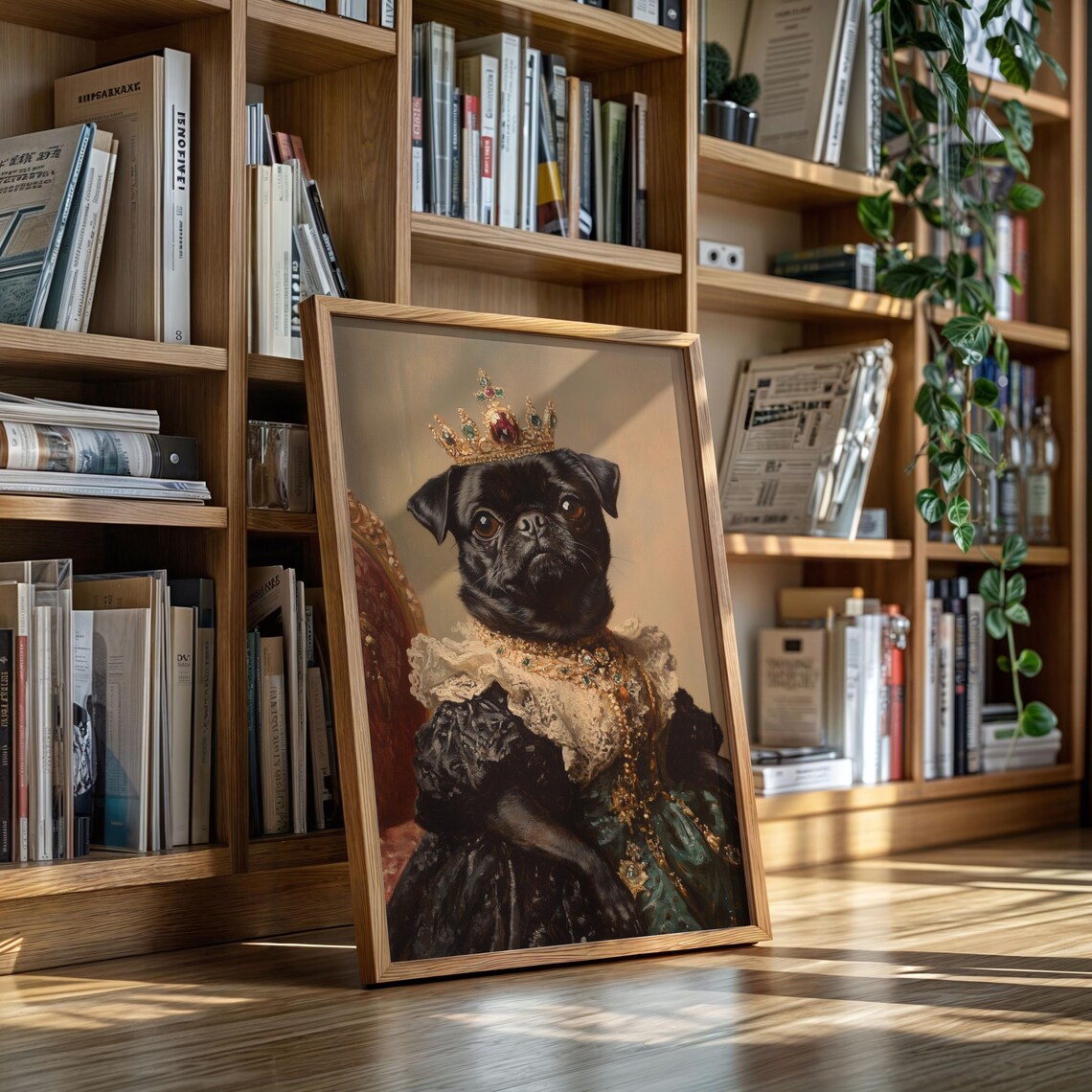 Royal Black Pug Portrait In Crown And Jeweled Gown Queen Dog Poster