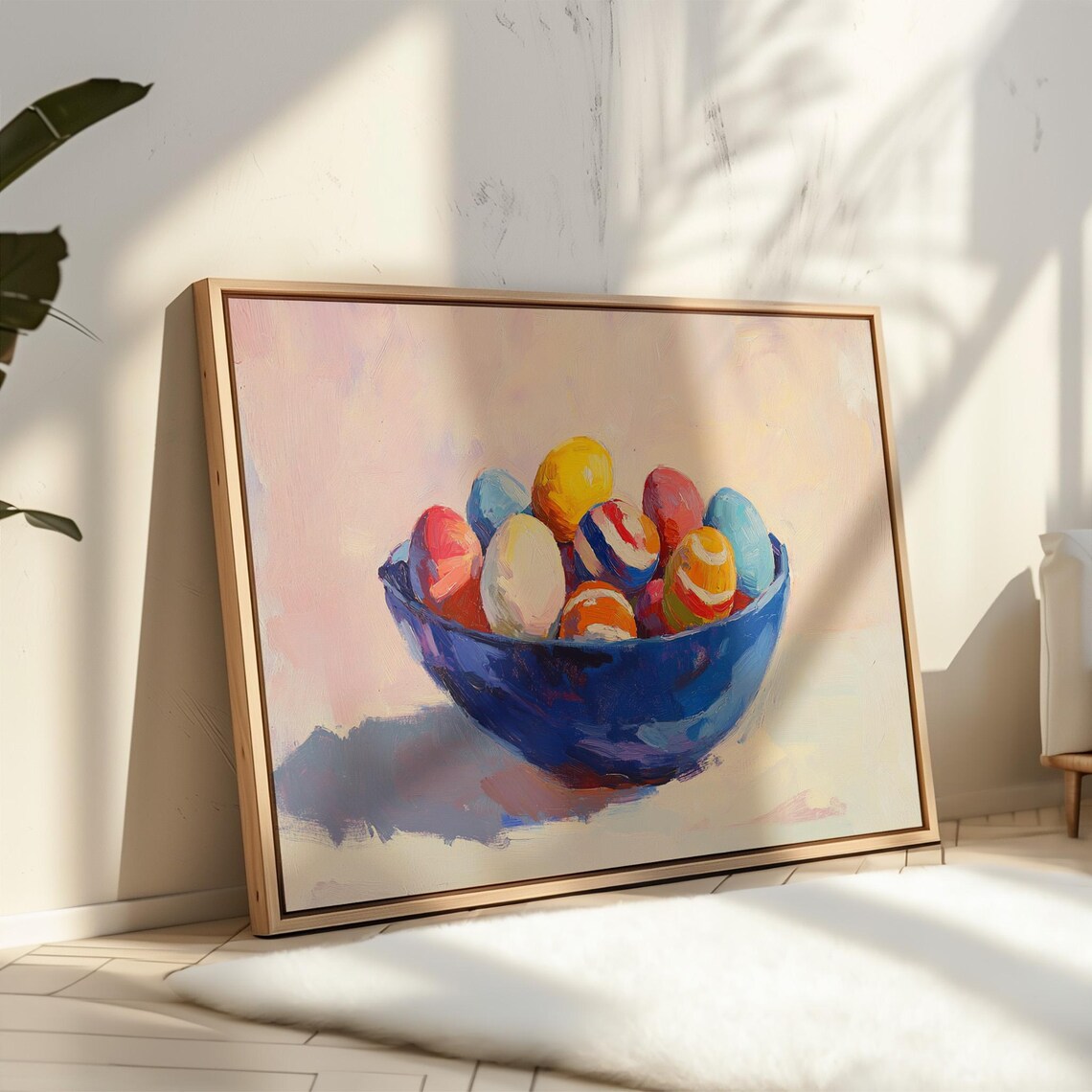 Painted Easter Eggs in Cobalt Blue Bowl Bright Spring Painting Wall Art - Image 3