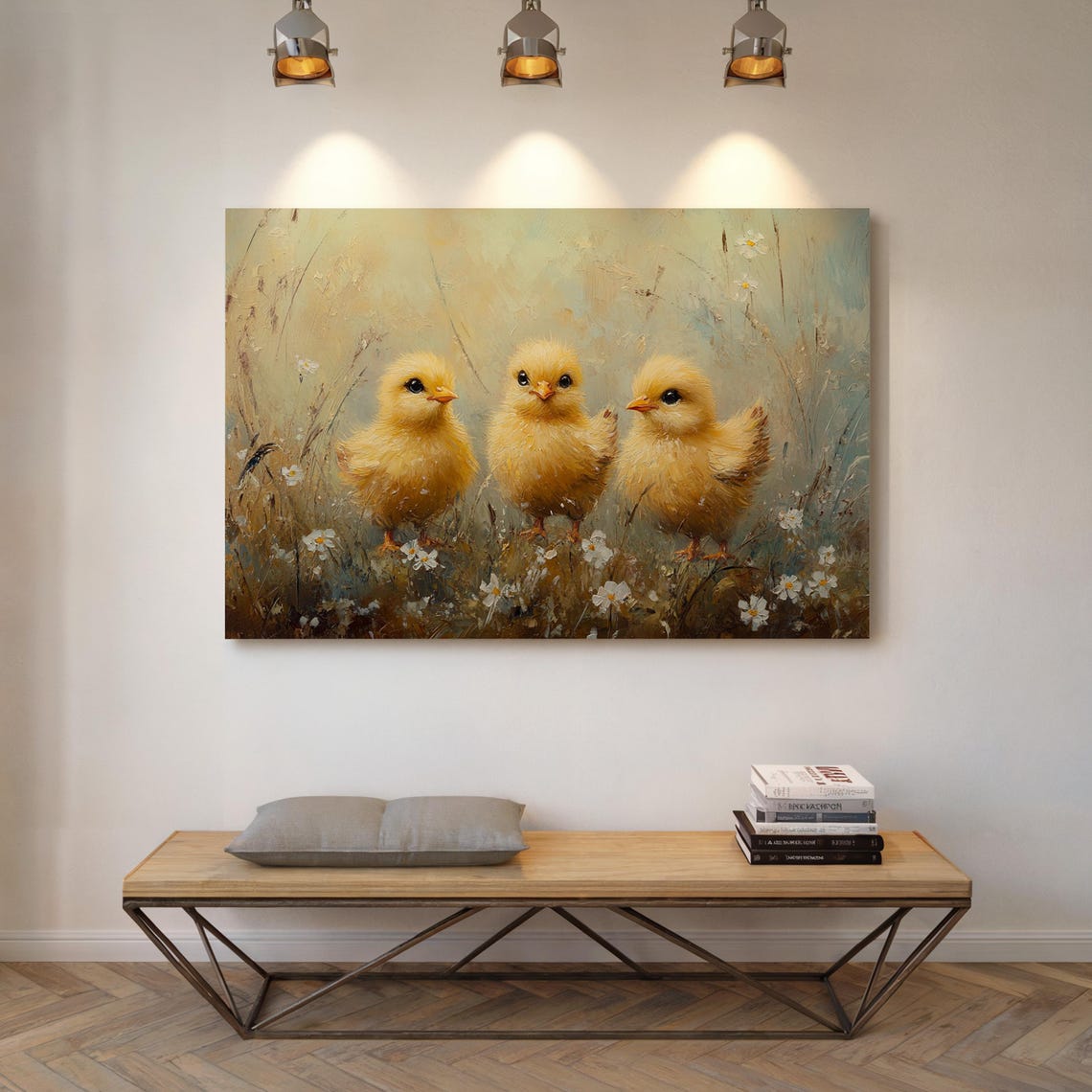 Three Fluffy Yellow Chicks In Daisy Field Adorable Spring Wall Art - Image 6