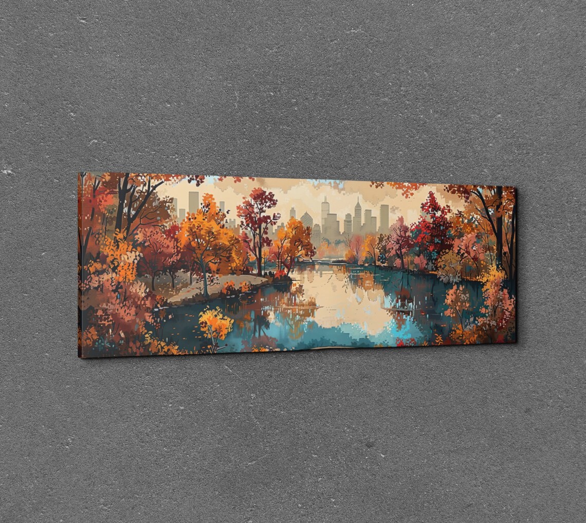 Autumn City Park Lake with Fall Colors Season Panorama Wall Art - Image 3