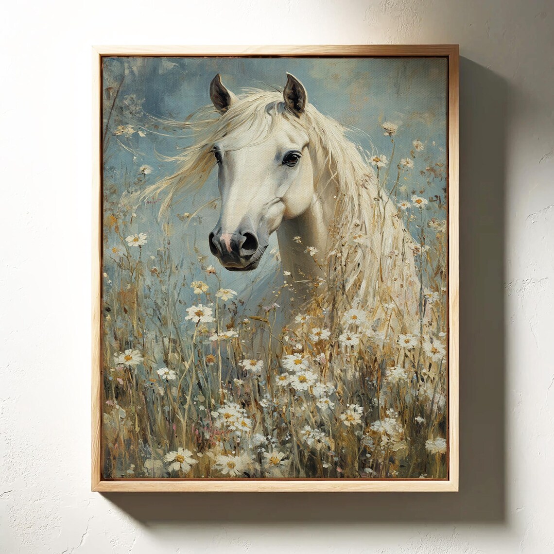 White Horse In Wildflower Meadow, Rustic Art Print