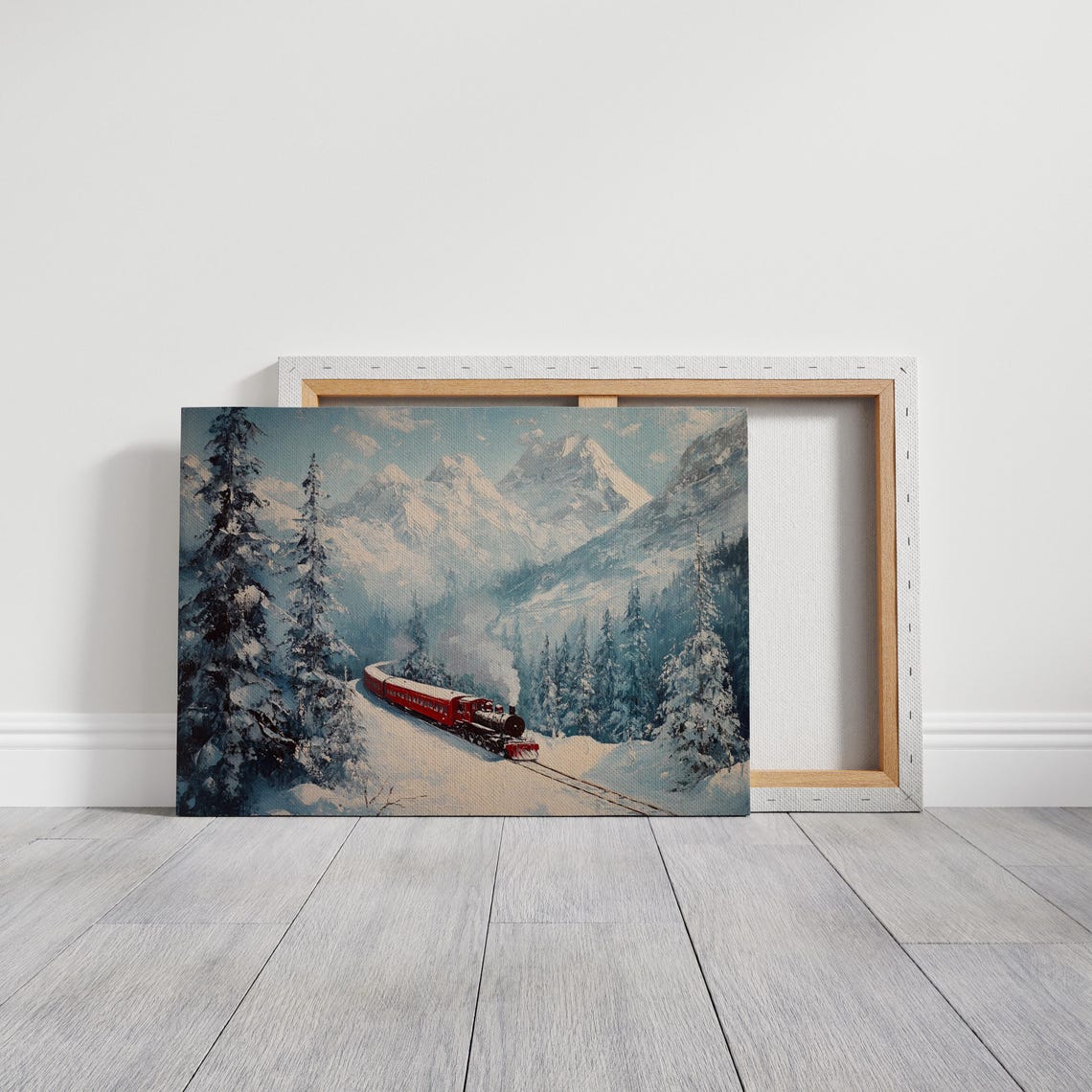 Red Steam Train In Snowy Mountain Forest Winter Landscape Poster - Image 7