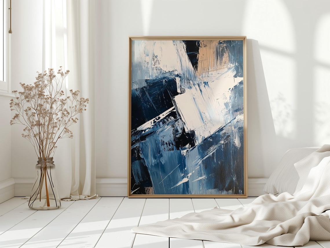 Blue Navy White Abstract Modern Acrylic Bold Brush Stroke Paint Poster