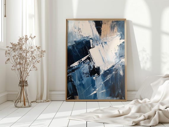Blue Navy White Abstract Canvas Art Modern Acrylic Brush Stroke Painting Bold Neutral Wall For Living Room Or Office Decor