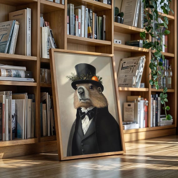 Dapper Groundhog In Top Hat Canvas Whimsical Victorian Animal Portrait With Bow Tie And Orange Funny Anthropomorphic Wall Art