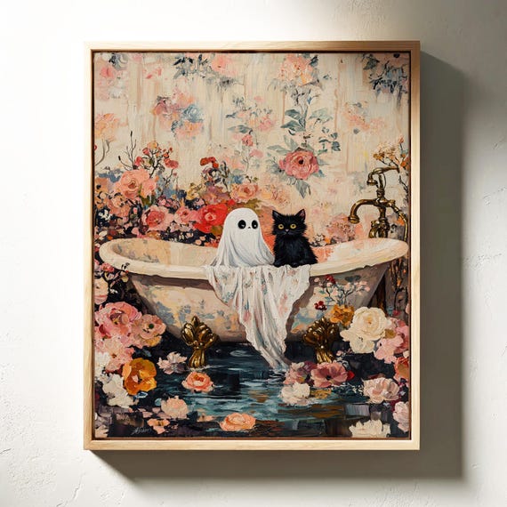 Whimsical Ghost and Cat Floral Bathtub Wall Art Print