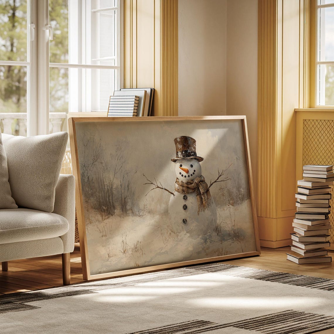 Classic Snowman With Top Hat And Scarf In Snowy Winter Scene Wall Art - Image 5