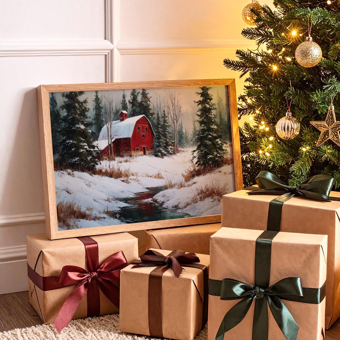 Rustic Red Barn Winter Snow Farmhouse Landscape Painting Poster