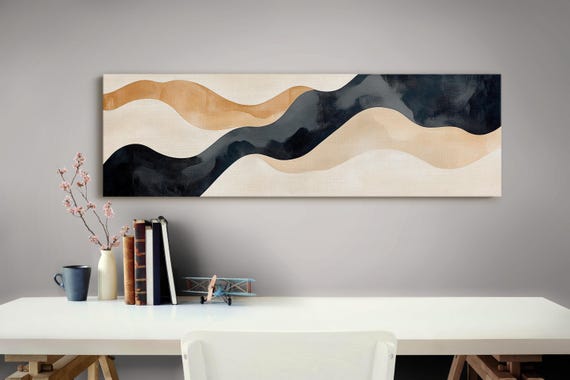 Minimalist Abstract Waves Modern Neutral Wall Art Black Beige Gold Painting Elegant Geometric Print Contemporary Home Decor