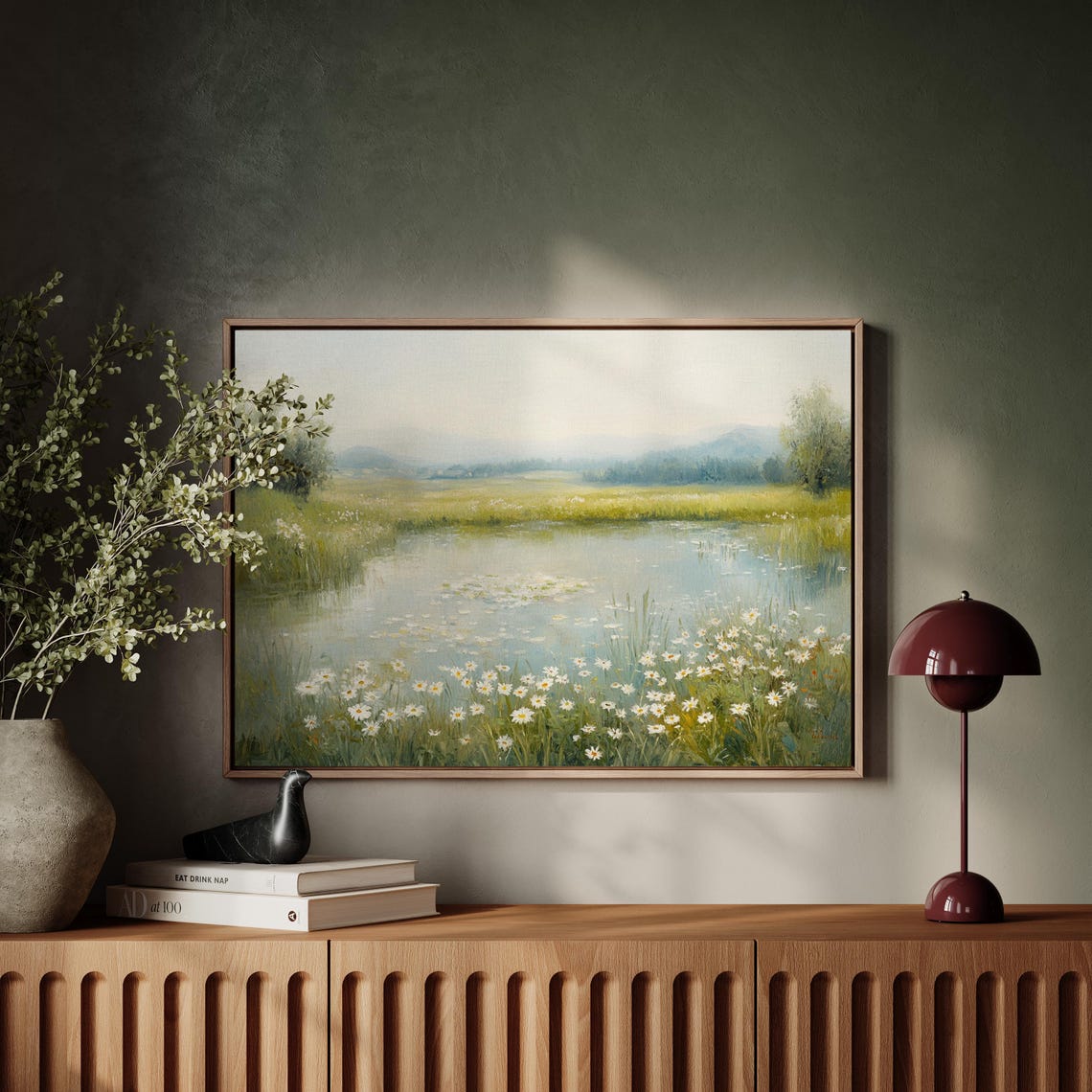 Tranquil Meadow Pond With Wild Daisies Serene Nature Wall Art For Peaceful And Elegant Home Or Office Decor - Image 5