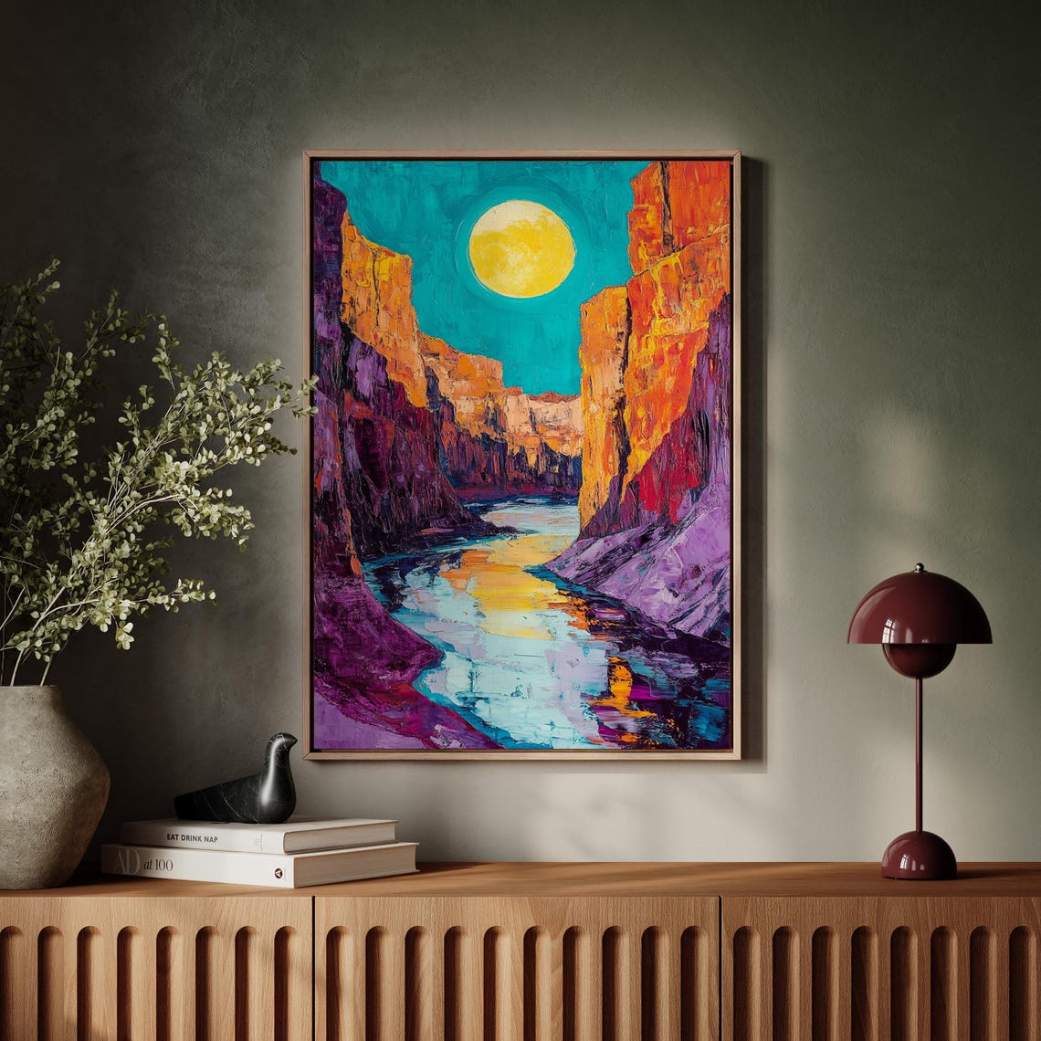 Moonlit Canyon River Vibrant Abstract Desert Landscape Art Bold And Colorful Wall Decor - Image 3
