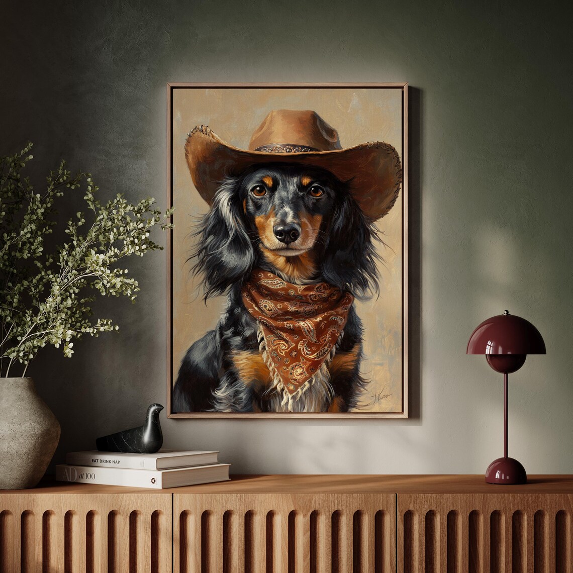 Cowboy Dachshund Western Dog Portrait, Rustic Art Print