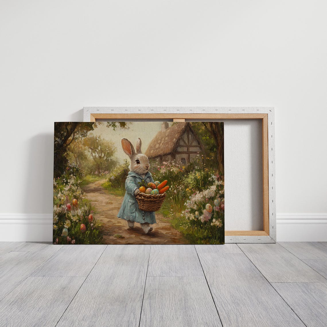 Bunny in Blue Coat Carrying Harvest Basket Toward Cottage Poster - Image 6