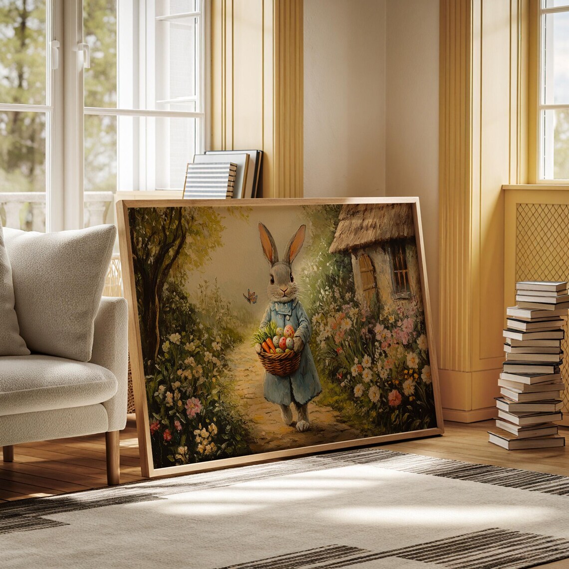 Easter Bunny With Basket Of Eggs, Cottagecore Spring