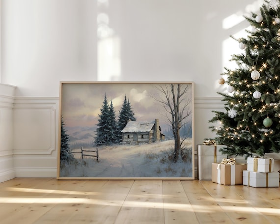 Rustic Winter Log Cabin In Snowy Forest Cozy Country Landscape Poster