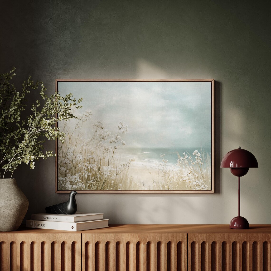 Soft Coastal Beach With White Wildflowers Neutral Ocean Seascape Scenic View Poster