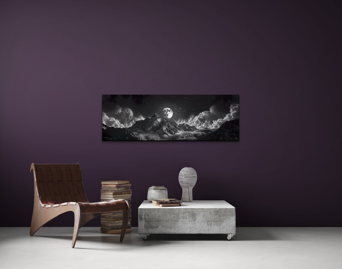 Black And White Mountains Above The Clouds Moonlit Night Poster - Image 7