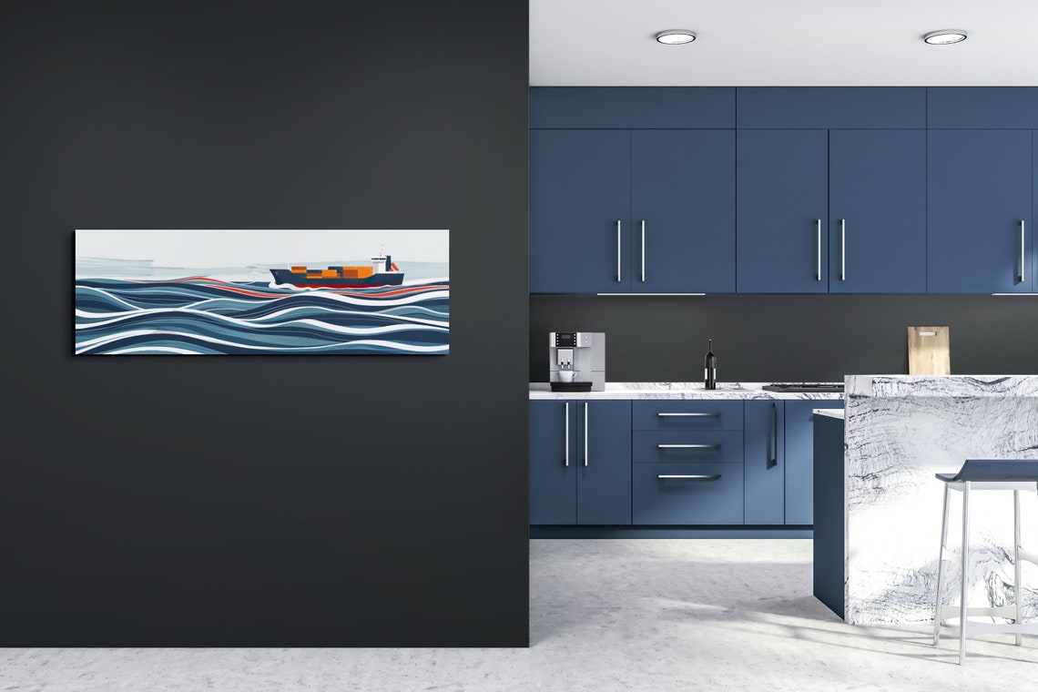 Bold Navy Cargo Ship Sailing Stylized Blue Waves Panoramic Poster - Image 4