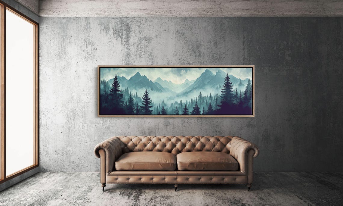 Misty Pine Forest Foggy Mountain Peaks Teal Wilderness Scenic Poster - Image 3
