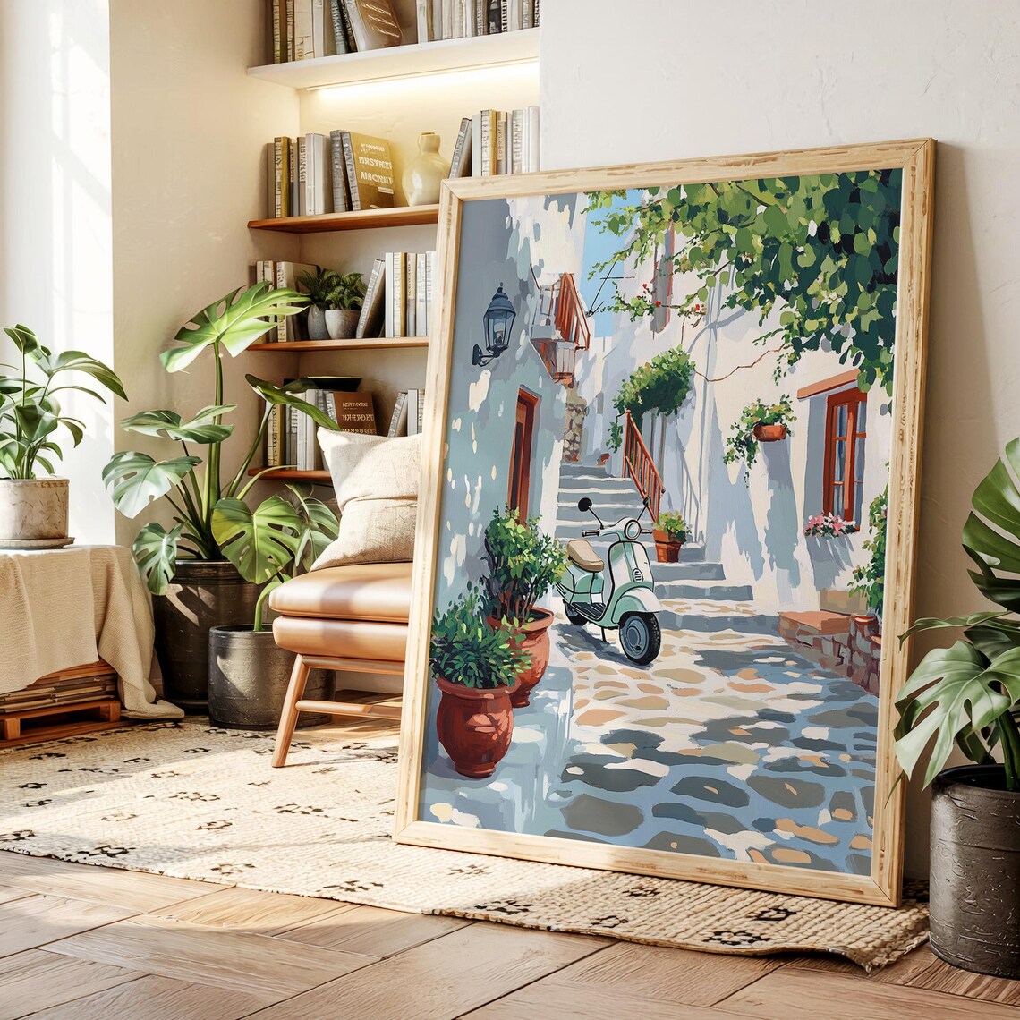 Mediterranean Alleyway Vintage Scooter Painting Sunlit Street Poster