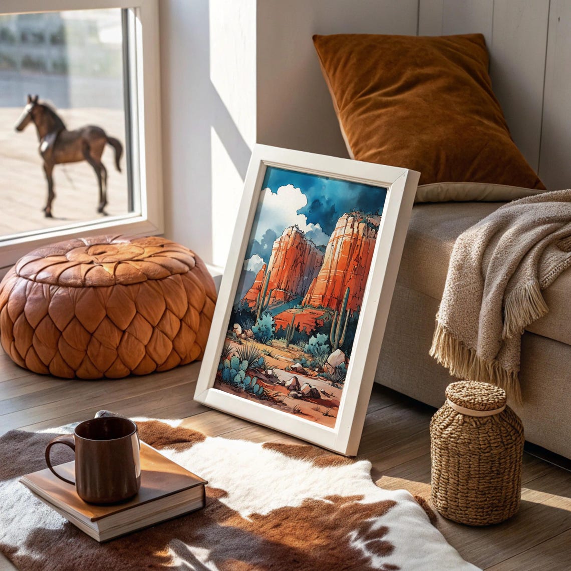 Desert Canyon Watercolor Print With Red Rocks And Saguaro Cactus Scene