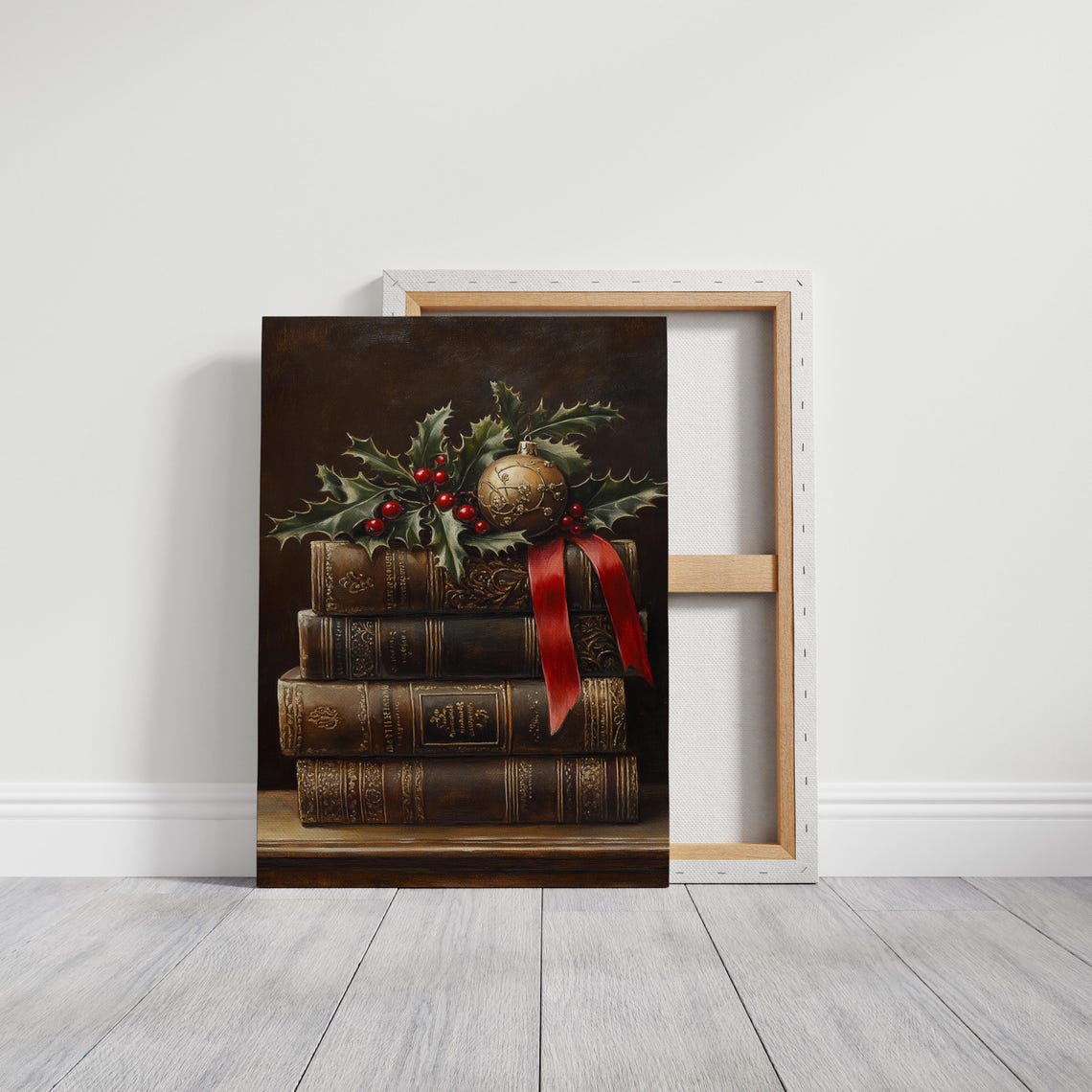 Vintage Christmas Books With Holly Ornament and Ribbon Art Print - Image 3