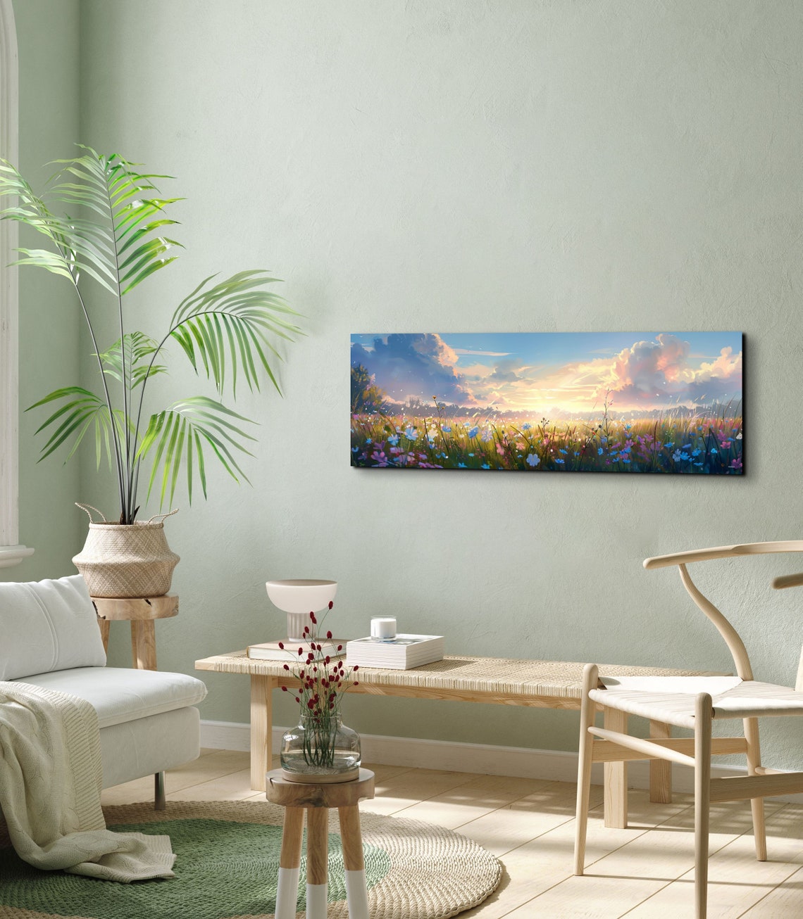 Wildflower Meadow at Golden Sunset Pastel Sky Panoramic Poster - Image 5