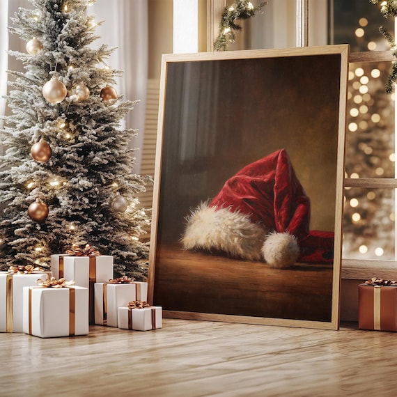 Santa Hat Still Life Classic Christmas Decor Oil Painting Poster