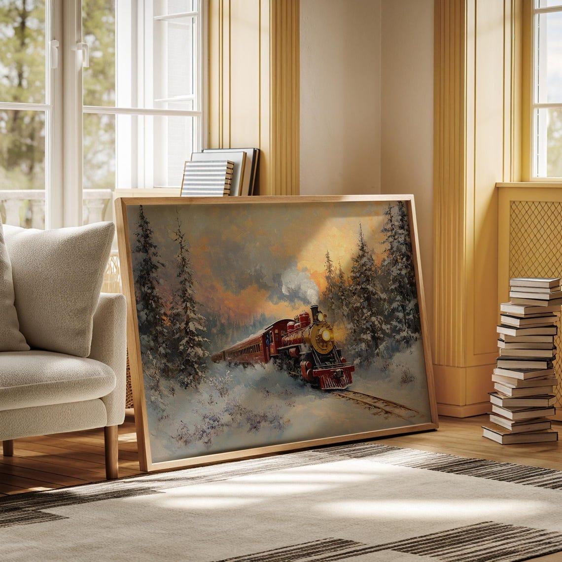Vintage Red Steam Train Crossing Snowy Sunset Landscape Wall Art - Image 6