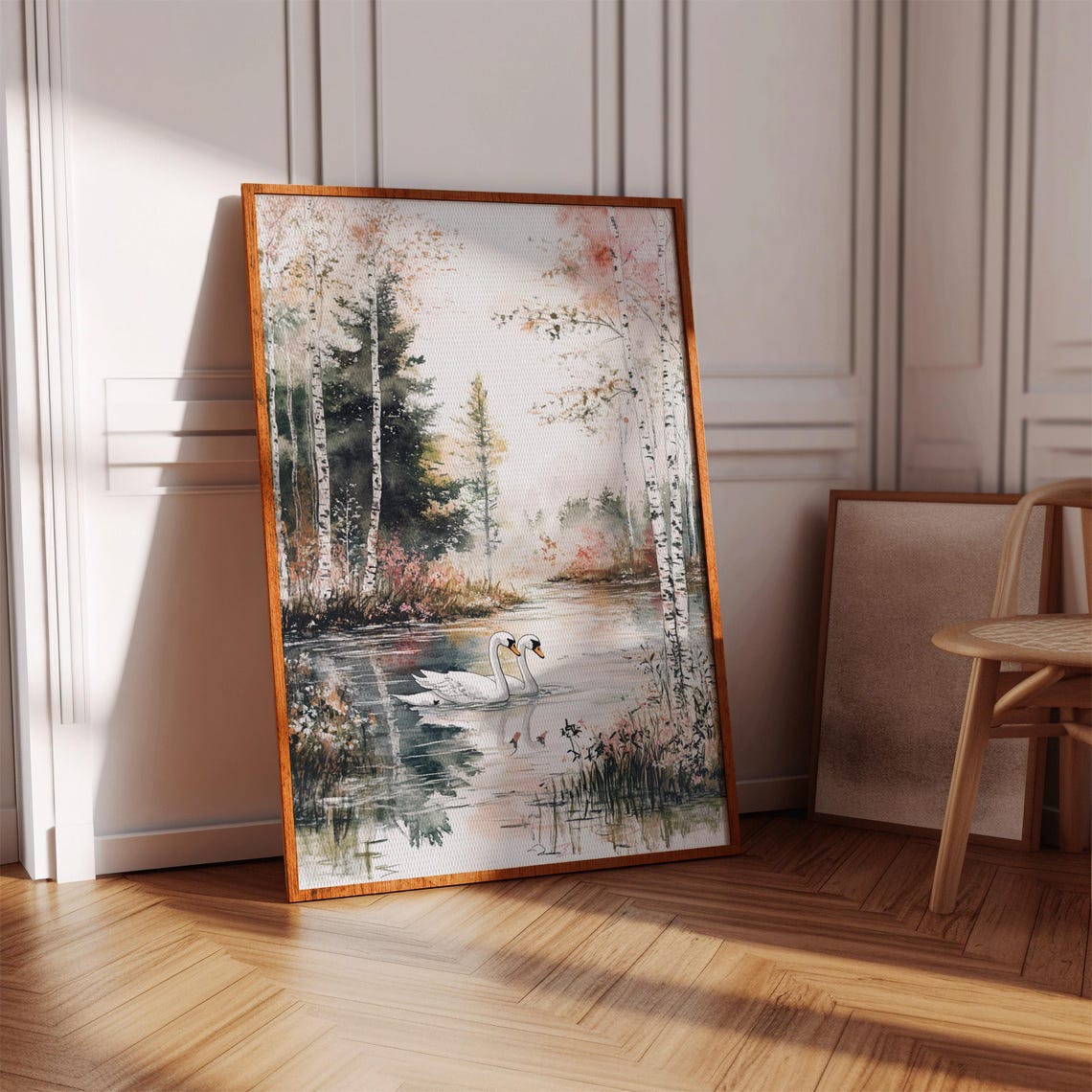 Two Swans On Autumn Lake With Birch Trees Romantic Nature Poster
