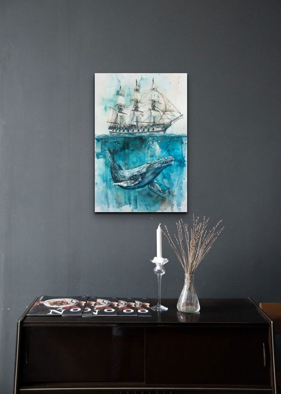 Whale Beneath Tall Sailing Ship Watercolor Ocean Nursery Poster - Image 7