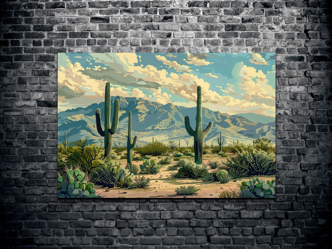Arizona Desert Saguaro Cacti Blue Mountains Landscape Wall Art - Image 2