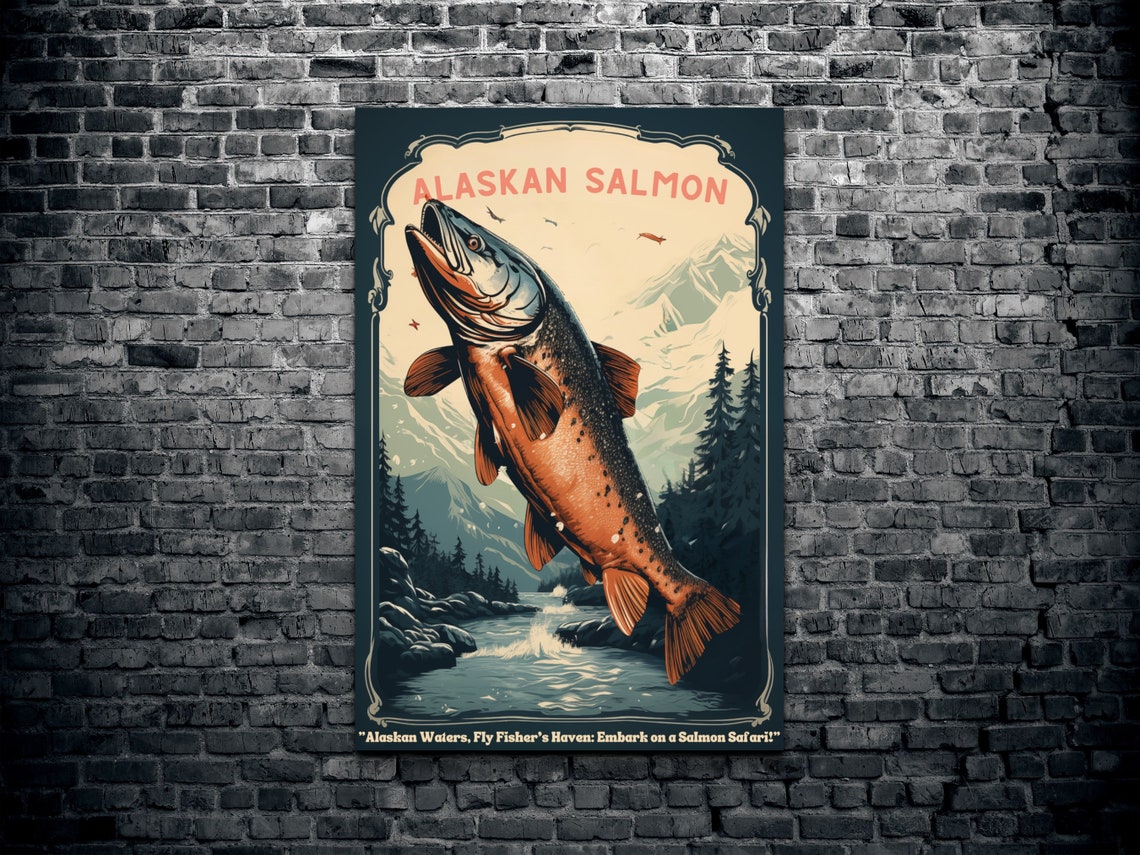 Alaskan Salmon Vintage Fishing Poster With Mountain River Scene - Image 2