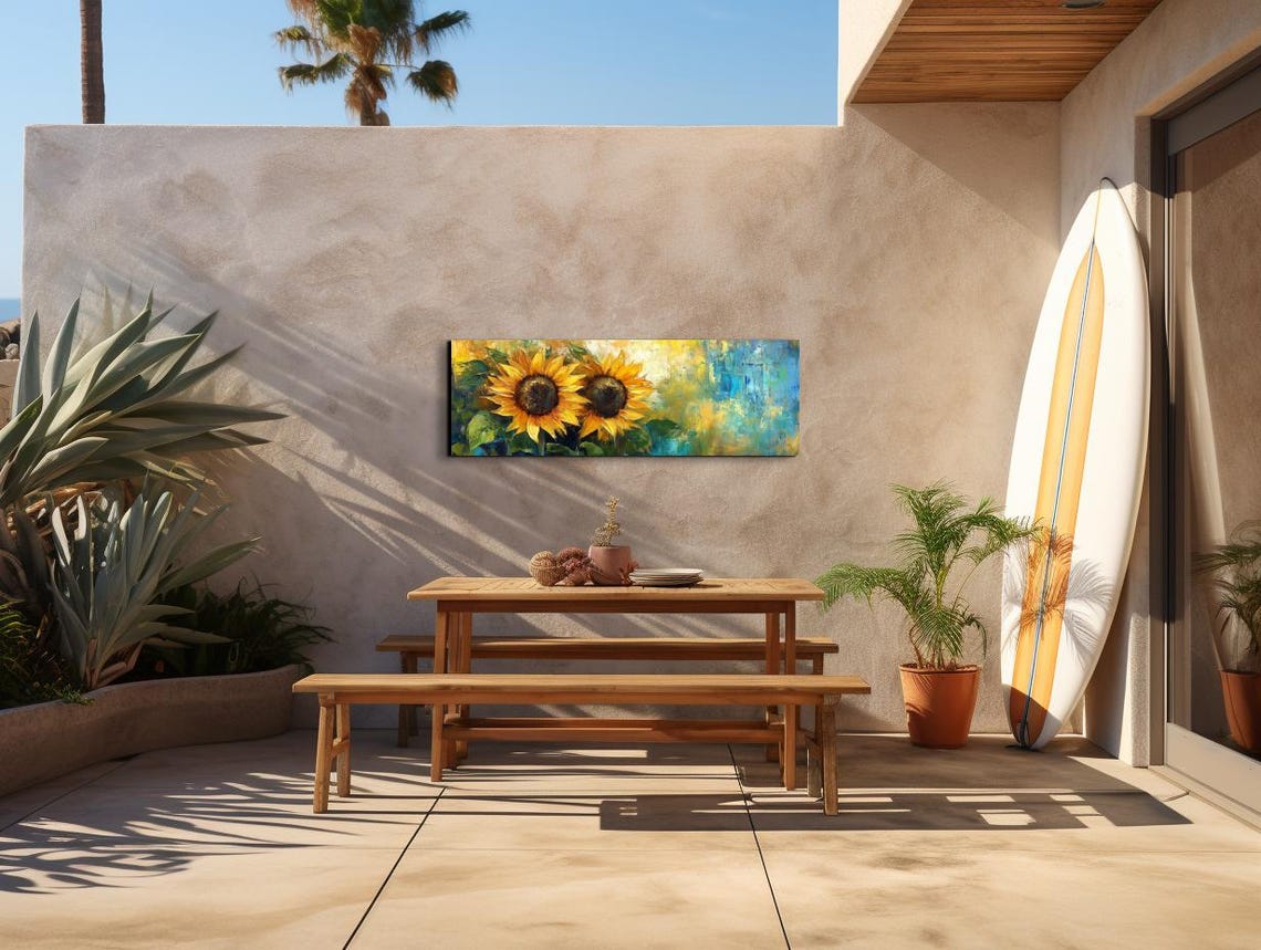 Bold Sunflower Duo Golden Impasto Palette Knife Panoramic Art Poster - Image 7