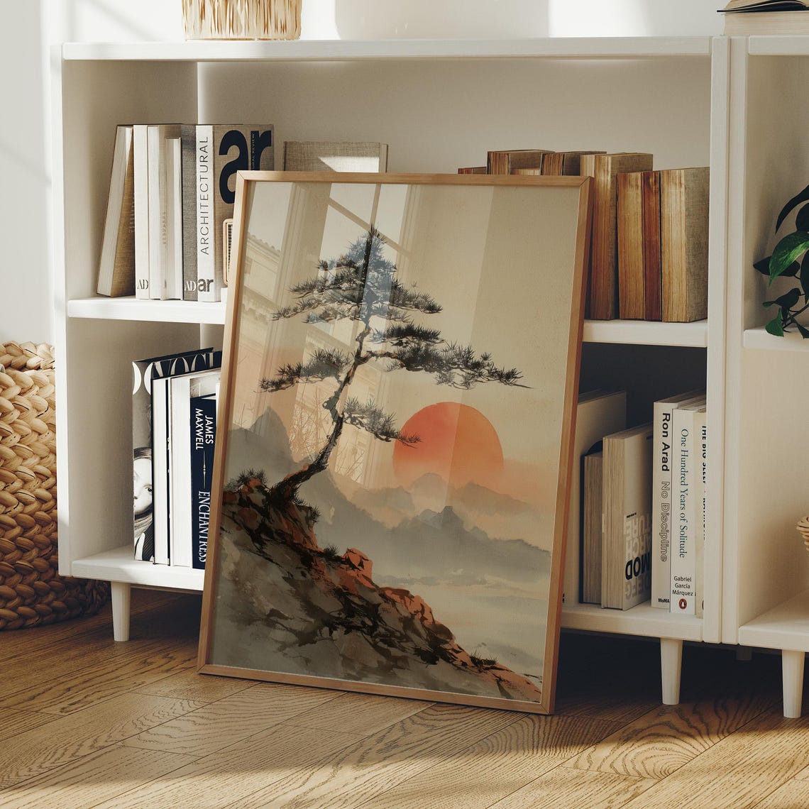 Lone Pine Tree Red Sun Misty Mountain Japanese Style Art Print