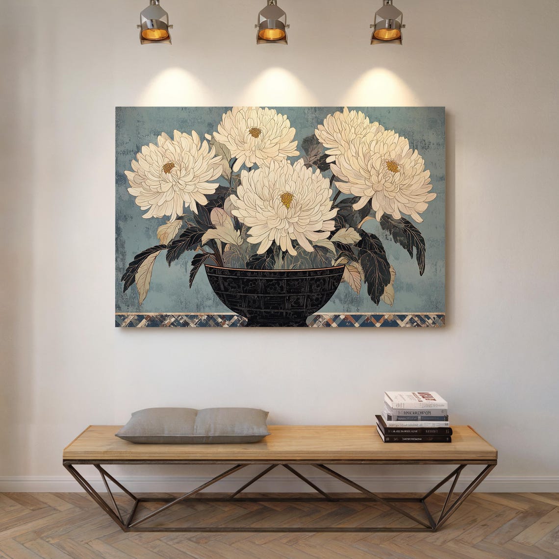 Chrysanthemum Bowl Wall Art Vintage Botanical Floral Illustration
