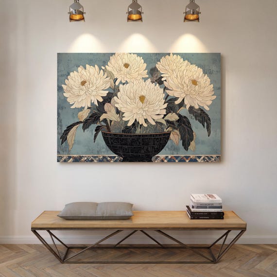 Chrysanthemum Bowl Wall Art Vintage Botanical Floral Illustration