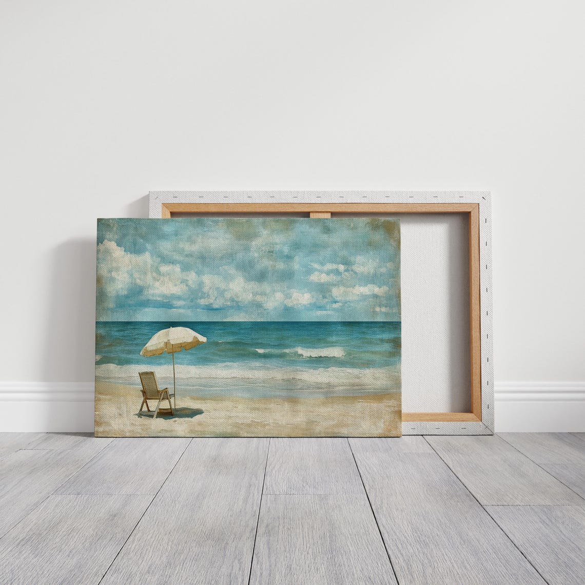 Vintage Beach Umbrella Wooden Chair Coastal Ocean Waves Poster - Image 3
